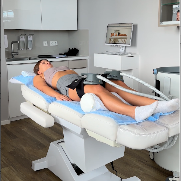Frau liegt zur Behandlung mit dem EMSCULPT neo in Kronberg